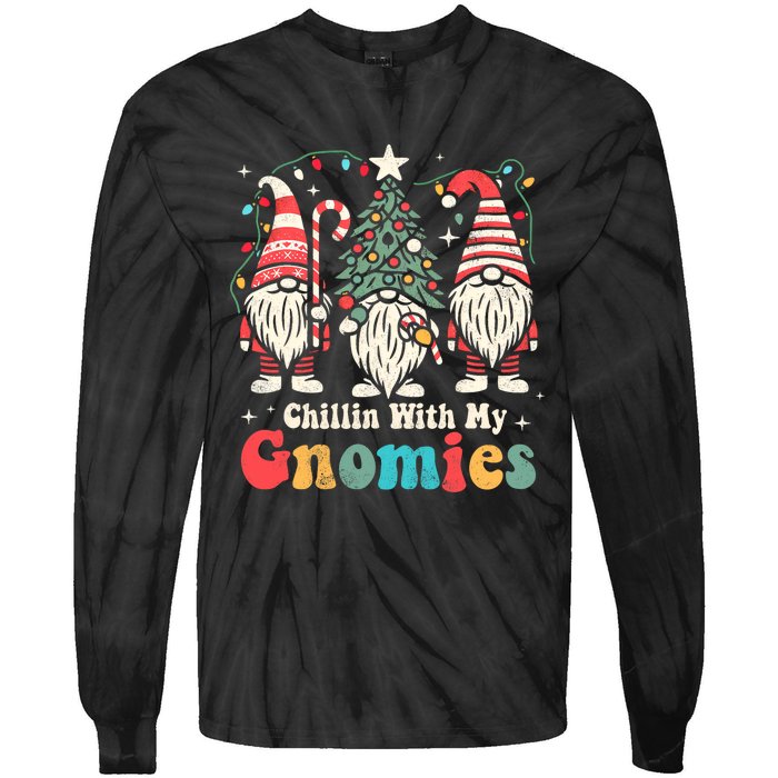 Groovy Chillin With My Gnomies Funny Christmas Family Gnomes Tie-Dye Long Sleeve Shirt