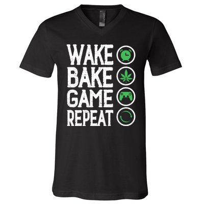 Game Controllers Wake Bake Game Repeat Gift Video Games V-Neck T-Shirt