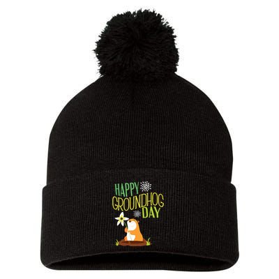 Groundhog Day 2024 Happy Ground Hog Pom Pom 12in Knit Beanie