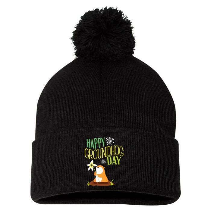 Groundhog Day 2024 Happy Ground Hog Pom Pom 12in Knit Beanie