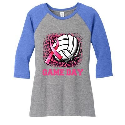 Game Day Breast Cancer Awareness Ribbon Pink Volleyball Women's Tri-Blend 3/4-Sleeve Raglan Shirt