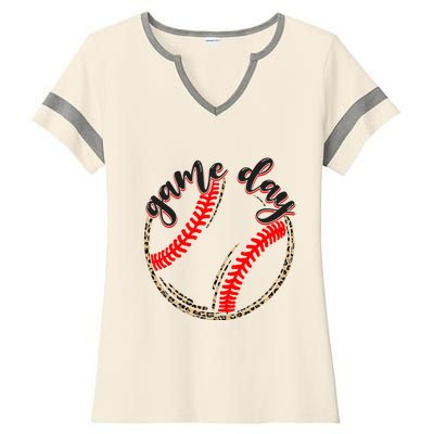 Game Day Baseball Life Softball Life Mom Mothers Day Leopard Ladies Halftime Notch Neck Tee