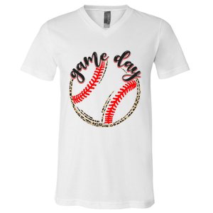 Game Day Baseball Life Softball Life Mom Mothers Day Leopard V-Neck T-Shirt