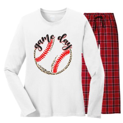 Game Day Baseball Life Softball Life Mom Mothers Day Leopard Women's Long Sleeve Flannel Pajama Set 