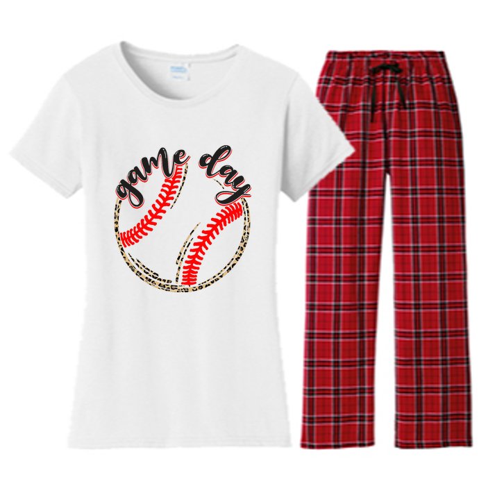 Game Day Baseball Life Softball Life Mom Mothers Day Leopard Women's Flannel Pajama Set