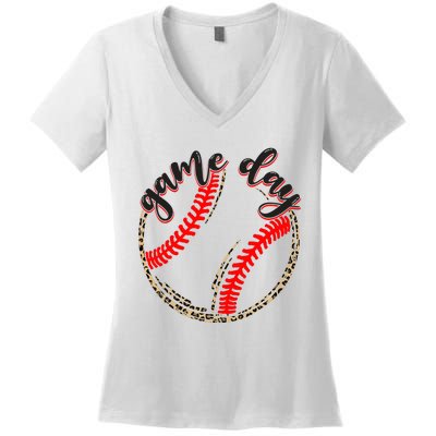 Game Day Baseball Life Softball Life Mom Mothers Day Leopard Women's V-Neck T-Shirt