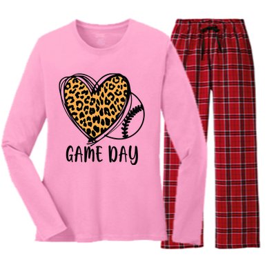 Game Day Baseball Life Softball Life Leopard Mothers Day Mom Women's Long Sleeve Flannel Pajama Set 