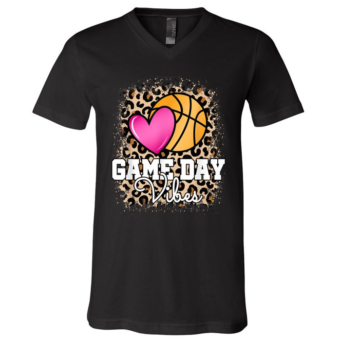 Game Day Basketball Leopard Print Women Girls Basketball V-Neck T-Shirt