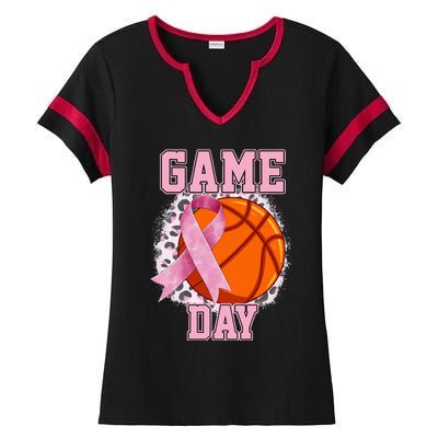 Game Day Breast Cancer Awareness Basketball Tackle Cancer Ladies Halftime Notch Neck Tee