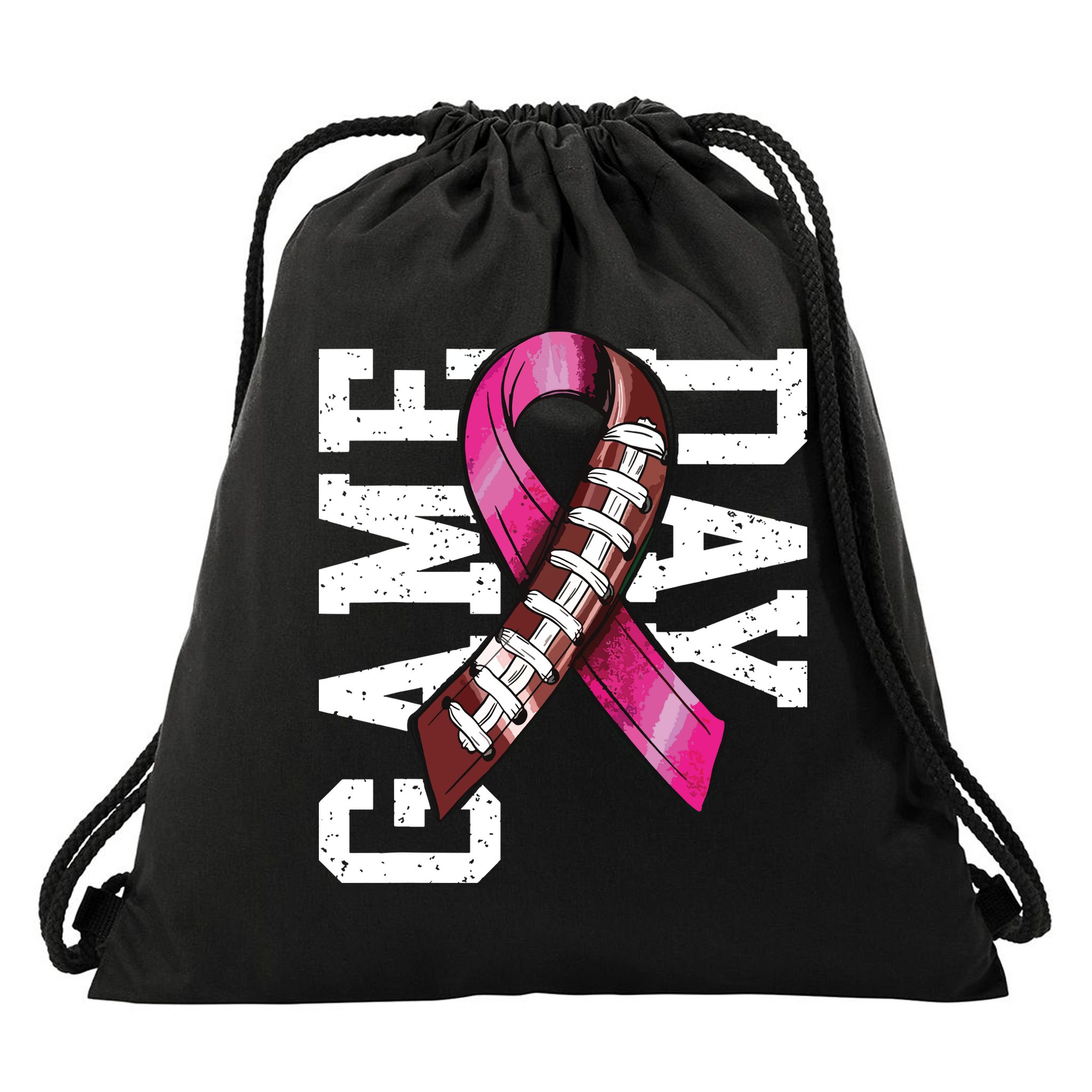 Game Day Breast Cancer Awareness Pink Football Ribbon Drawstring Bag