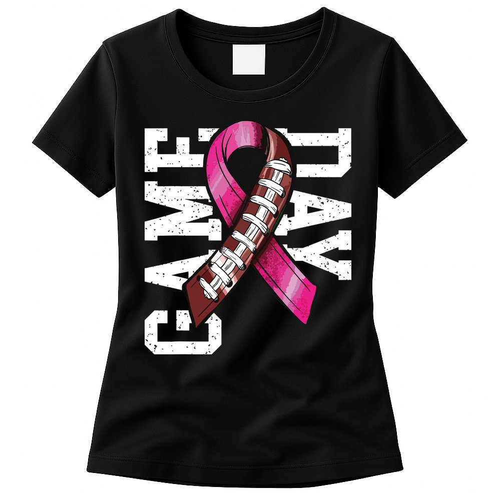 Game Day Breast Cancer Awareness Pink Football Ribbon Womens T-Shirt