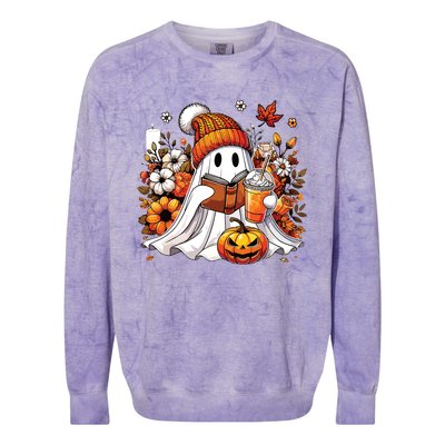 Ghost Drinking Coffee Book Reading Halloween Pumpkin Flower Colorblast Crewneck Sweatshirt