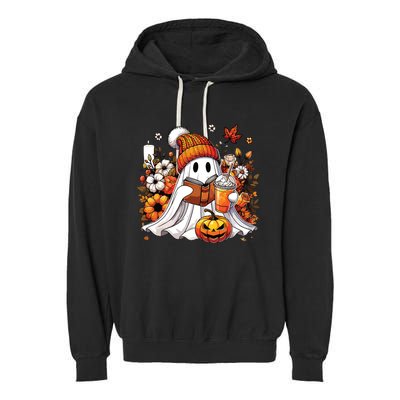 Ghost Drinking Coffee Book Reading Halloween Pumpkin Flower Garment-Dyed Fleece Hoodie