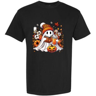 Ghost Drinking Coffee Book Reading Halloween Pumpkin Flower Garment-Dyed Heavyweight T-Shirt