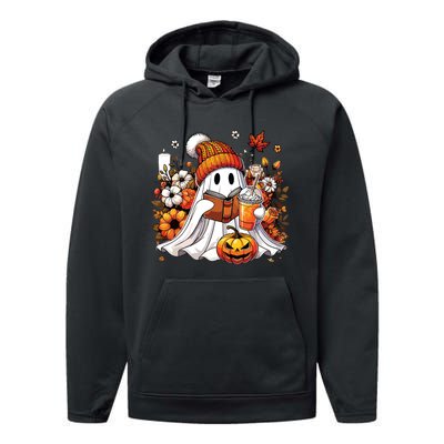 Ghost Drinking Coffee Book Reading Halloween Pumpkin Flower Performance Fleece Hoodie