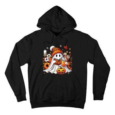 Ghost Drinking Coffee Book Reading Halloween Pumpkin Flower Hoodie