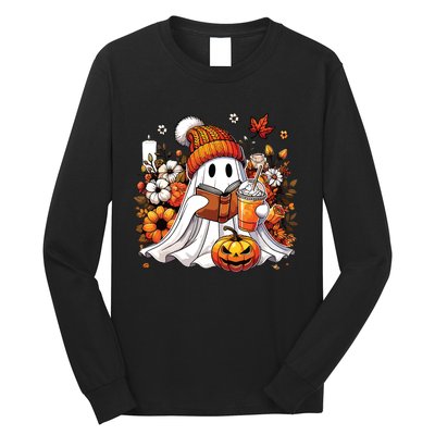 Ghost Drinking Coffee Book Reading Halloween Pumpkin Flower Long Sleeve Shirt