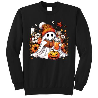 Ghost Drinking Coffee Book Reading Halloween Pumpkin Flower Sweatshirt