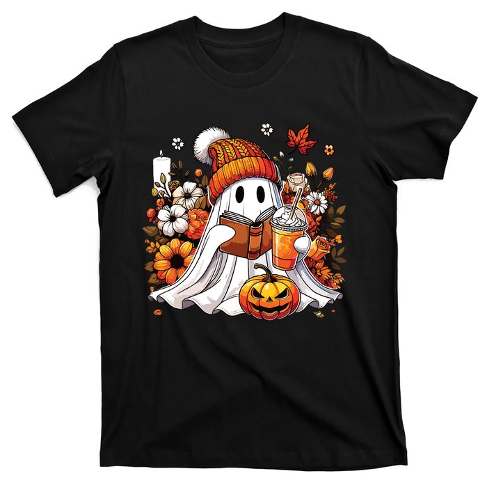 Ghost Drinking Coffee Book Reading Halloween Pumpkin Flower T-Shirt