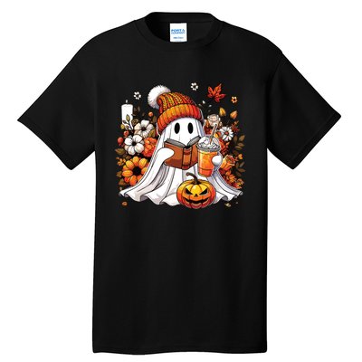 Ghost Drinking Coffee Book Reading Halloween Pumpkin Flower Tall T-Shirt