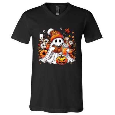 Ghost Drinking Coffee Book Reading Halloween Pumpkin Flower V-Neck T-Shirt