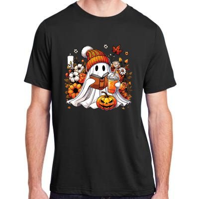 Ghost Drinking Coffee Book Reading Halloween Pumpkin Flower Adult ChromaSoft Performance T-Shirt