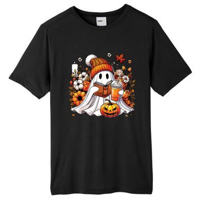 Ghost Drinking Coffee Book Reading Halloween Pumpkin Flower Tall Fusion ChromaSoft Performance T-Shirt