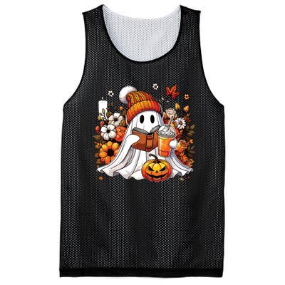 Ghost Drinking Coffee Book Reading Halloween Pumpkin Flower Mesh Reversible Basketball Jersey Tank