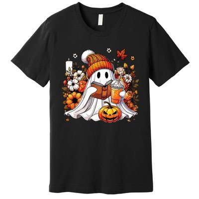 Ghost Drinking Coffee Book Reading Halloween Pumpkin Flower Premium T-Shirt