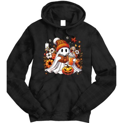 Ghost Drinking Coffee Book Reading Halloween Pumpkin Flower Tie Dye Hoodie