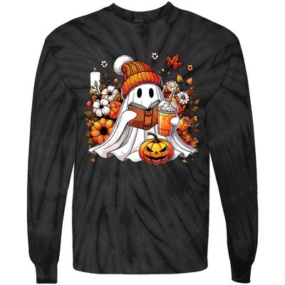 Ghost Drinking Coffee Book Reading Halloween Pumpkin Flower Tie-Dye Long Sleeve Shirt