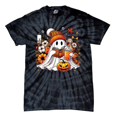 Ghost Drinking Coffee Book Reading Halloween Pumpkin Flower Tie-Dye T-Shirt