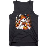 Ghost Drinking Coffee Book Reading Halloween Pumpkin Flower Tank Top