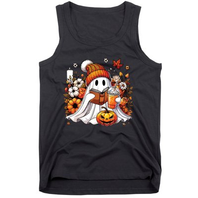 Ghost Drinking Coffee Book Reading Halloween Pumpkin Flower Tank Top