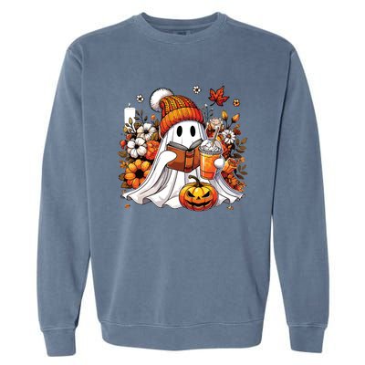 Ghost Drinking Coffee Book Reading Halloween Pumpkin Flower Garment-Dyed Sweatshirt