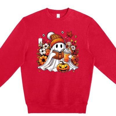 Ghost Drinking Coffee Book Reading Halloween Pumpkin Flower Premium Crewneck Sweatshirt