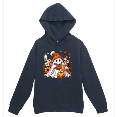 Ghost Drinking Coffee Book Reading Halloween Pumpkin Flower Urban Pullover Hoodie