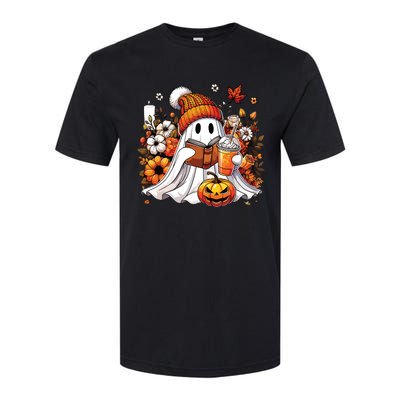 Ghost Drinking Coffee Book Reading Halloween Pumpkin Flower Softstyle CVC T-Shirt