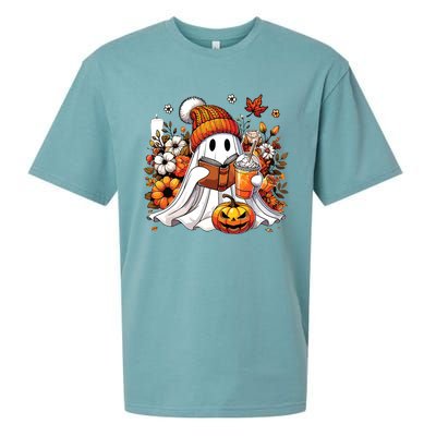 Ghost Drinking Coffee Book Reading Halloween Pumpkin Flower Sueded Cloud Jersey T-Shirt