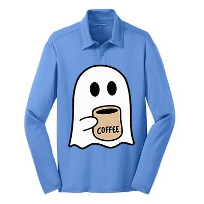 Ghost Drinking Coffee Funny Halloween Costume Silk Touch Performance Long Sleeve Polo