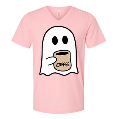 Ghost Drinking Coffee Funny Halloween Costume V-Neck T-Shirt