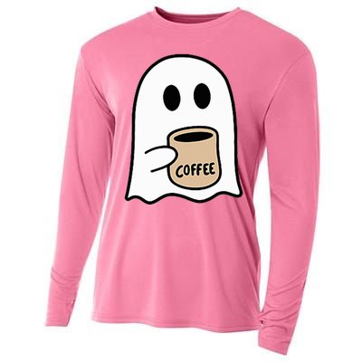 Ghost Drinking Coffee Funny Halloween Costume Cooling Performance Long Sleeve Crew