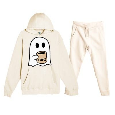 Ghost Drinking Coffee Funny Halloween Costume Premium Hooded Sweatsuit Set