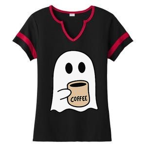 Ghost Drinking Coffee Funny Halloween Costume Coffee Lover Ladies Halftime Notch Neck Tee