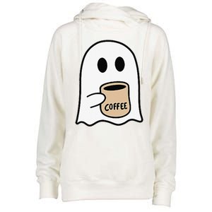 Ghost Drinking Coffee Funny Halloween Costume Coffee Lover Womens Funnel Neck Pullover Hood