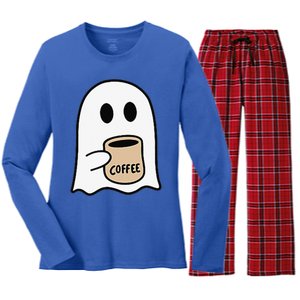 Ghost Drinking Coffee Funny Halloween Costume Coffee Lover Women's Long Sleeve Flannel Pajama Set 