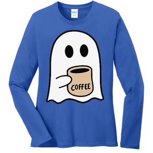 Ghost Drinking Coffee Funny Halloween Costume Coffee Lover Ladies Long Sleeve Shirt