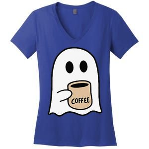 Ghost Drinking Coffee Funny Halloween Costume Coffee Lover Women's V-Neck T-Shirt