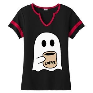 Ghost Drinking Coffee Funny Halloween Costume Coffee Lover Ladies Halftime Notch Neck Tee