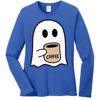 Ghost Drinking Coffee Funny Halloween Costume Coffee Lover Ladies Long Sleeve Shirt